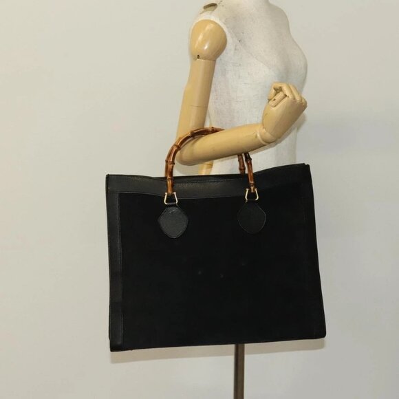 GUCCI Bamboo Hand Bag Suede Black Gold - Picture 1 of 15